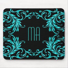 Monogramm-Aqua-Blau-Damast Mousepad