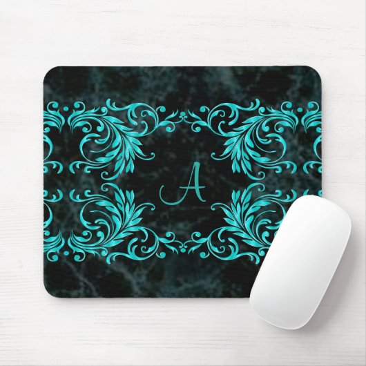 Monogramm-Aqua-Blau-Damast Mousepad (Mit Mouse)