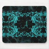 Monogramm-Aqua-Blau-Damast Mousepad (Vorne)