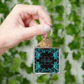 Monogramm-Aqua-Blau-Damast Schlüsselanhänger (Hand)