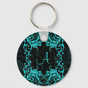 Monogramm-Aqua-Blau-Damast Schlüsselanhänger