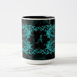 Monogramm-Aqua-Blau-Damast Zweifarbige Tasse