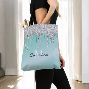 Monogramm Aqua Blau + Silber tropfender Glitter-Na Tasche