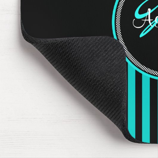 Monogramm-Aqua-Schwarz-weißer Streifen-Damast Mousepad (Ecke)