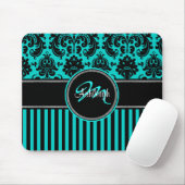 Monogramm-Aqua-Schwarz-weißer Streifen-Damast Mousepad (Mit Mouse)