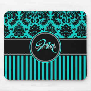 Monogramm-Aqua-Schwarz-weißer Streifen-Damast Mousepad