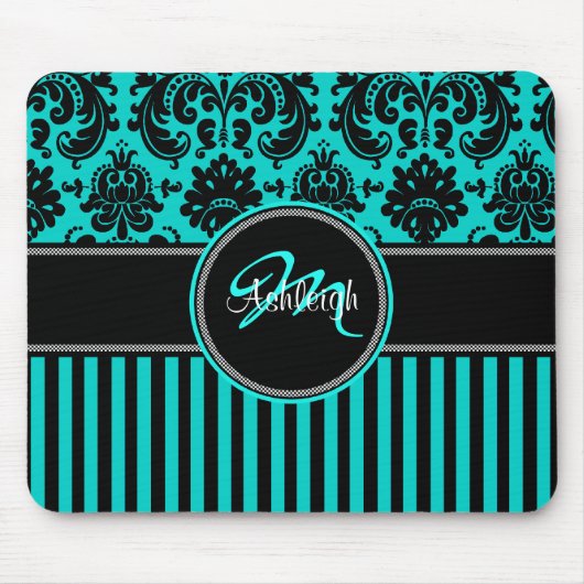 Monogramm-Aqua-Schwarz-weißer Streifen-Damast Mousepad (Vorne)