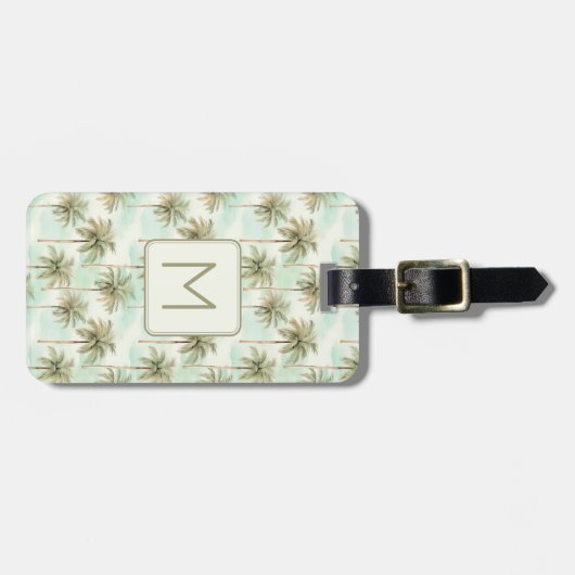 Monogramm Aqua und Creme Tropical Palm Tree Gepäckanhänger (Vorderseite horizontal)