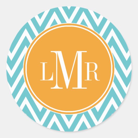 Monogramm Aqua und Orange Chevrons Runder Aufkleber (Vorderseite)