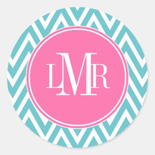 Monogramm Aqua und Pink Chevrons Runder Aufkleber (Vorderseite)