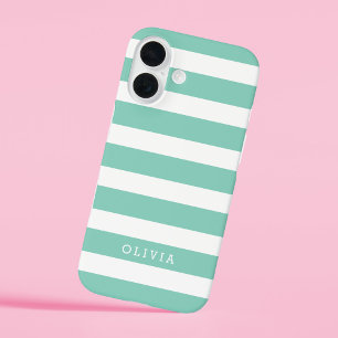 Monogramm Aqua und White Classic Streifen iPhone 16 Hülle