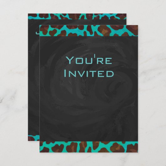 Monogramm Aquamarin und braun Leopard Einladung (Vorne/Hinten)