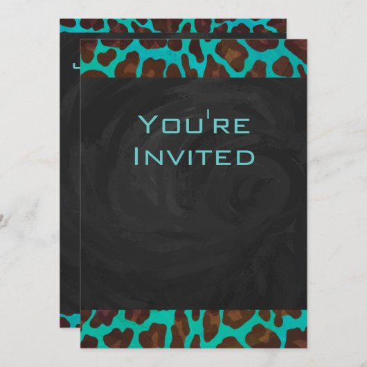 Monogramm Aquamarin und braun Leopard Einladung (Vorne/Hinten)
