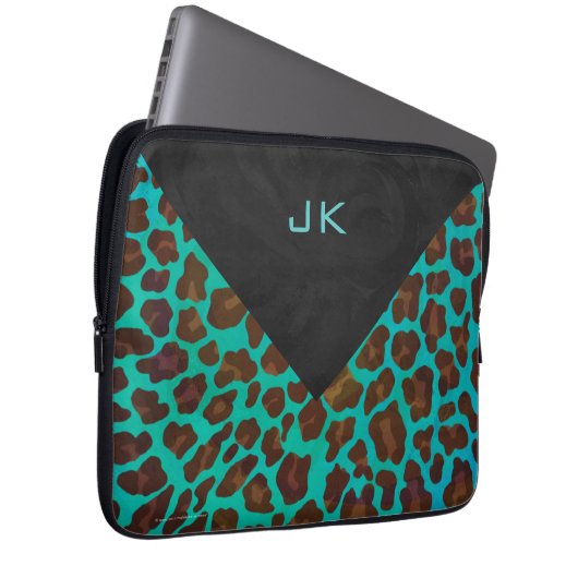 Monogramm Aquamarin und braun Leopard Laptopschutzhülle (Vorne Rechts)