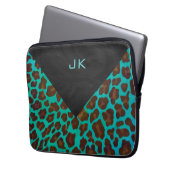 Monogramm Aquamarin und braun Leopard Laptopschutzhülle (Vorderseite Links)