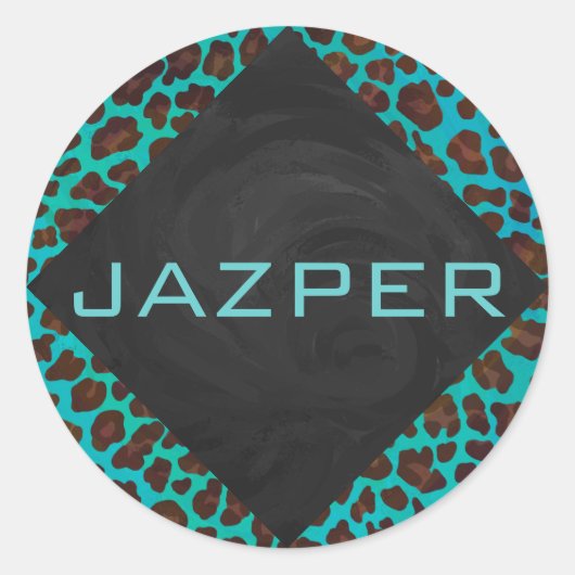 Monogramm Aquamarin und braun Leopard Runder Aufkleber (Vorderseite)