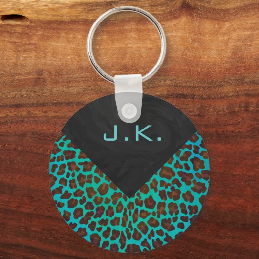 Monogramm Aquamarin und braun Leopard Schlüsselanhänger (Vorderseite)
