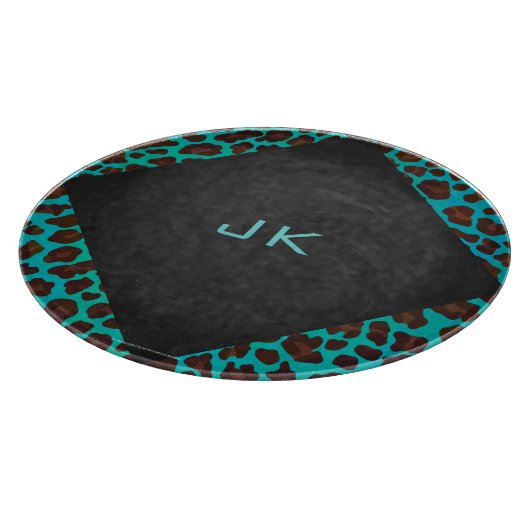 Monogramm Aquamarin und braun Leopard Schneidebrett (Ecke)