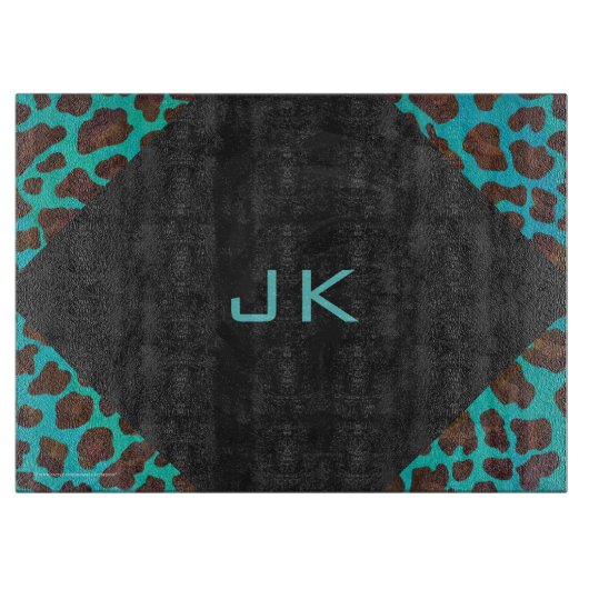 Monogramm Aquamarin und braun Leopard Schneidebrett (Vorderseite)