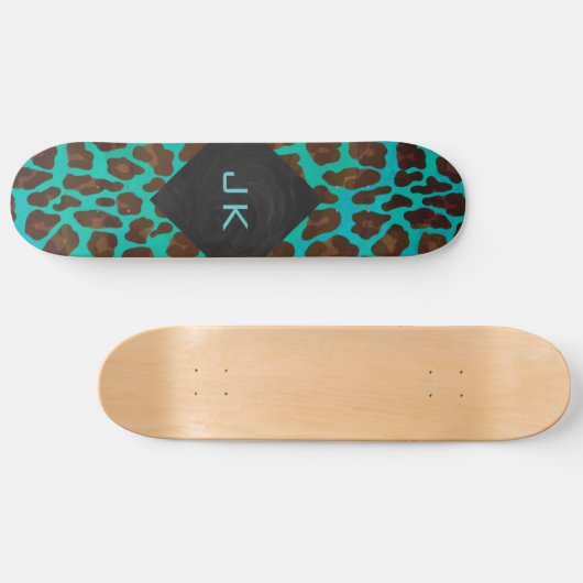 Monogramm Aquamarin und braun Leopard Skateboard (Horizontal)