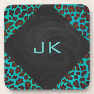 Monogramm Aquamarin und braun Leopard Untersetzer