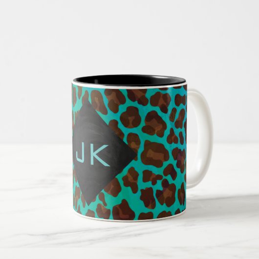 Monogramm Aquamarin und braun Leopard Zweifarbige Tasse (VorderseiteRechts)