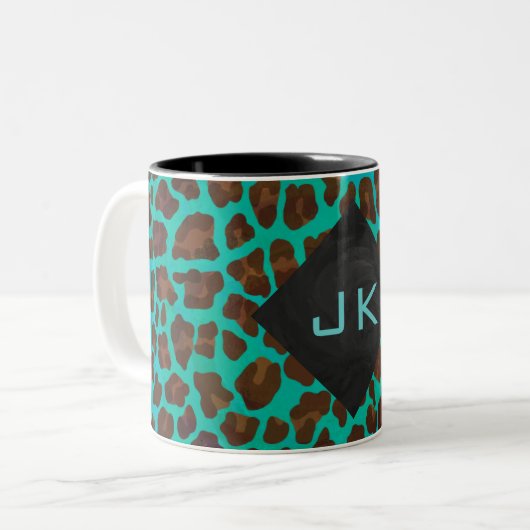 Monogramm Aquamarin und braun Leopard Zweifarbige Tasse (Vorderseite Links)