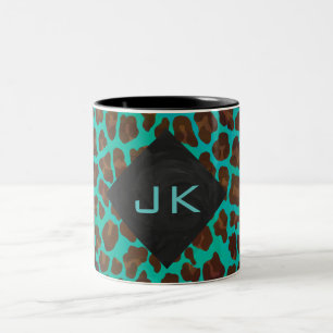 Monogramm Aquamarin und braun Leopard Zweifarbige Tasse