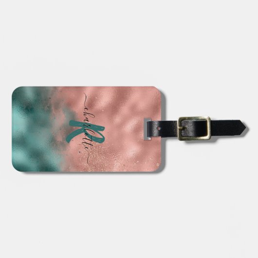 Monogramm Aquamarin und weich rosa Ombre Foil Lugg Gepäckanhänger (Vorderseite horizontal)