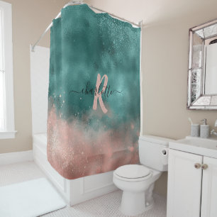 Monogramm Aquamarin und weich rosa Ombre-Folie Duschvorhang