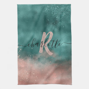 Monogramm Aquamarin und weich rosa Ombre-Folie Geschirrtuch