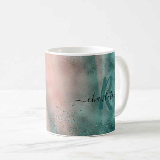 Monogramm Aquamarin und weich rosa Ombre-Folie Kaffeetasse (VorderseiteRechts)