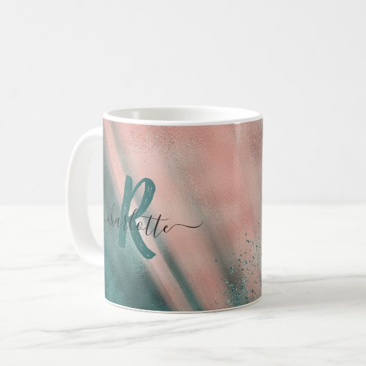 Monogramm Aquamarin und weich rosa Ombre-Folie Kaffeetasse (Vorderseite Links)