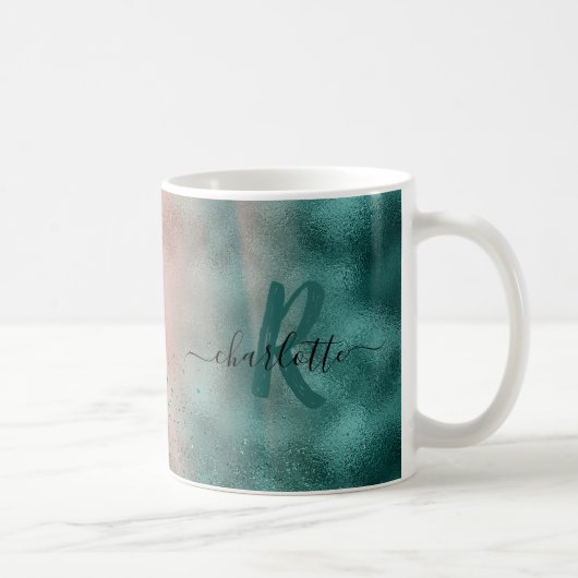 Monogramm Aquamarin und weich rosa Ombre-Folie Kaffeetasse (Rechts)