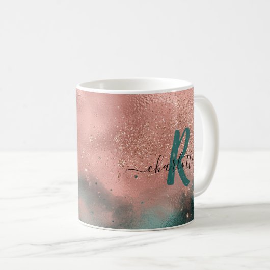 Monogramm Aquamarin und weich rot Ombre Foil Coffe Kaffeetasse (VorderseiteRechts)