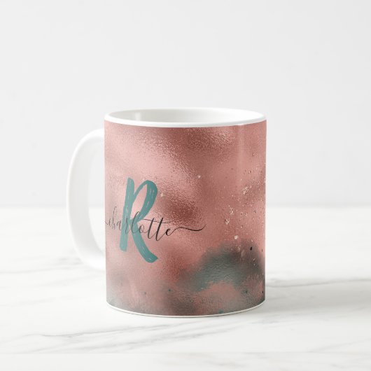 Monogramm Aquamarin und weich rot Ombre Foil Coffe Kaffeetasse (Vorderseite Links)