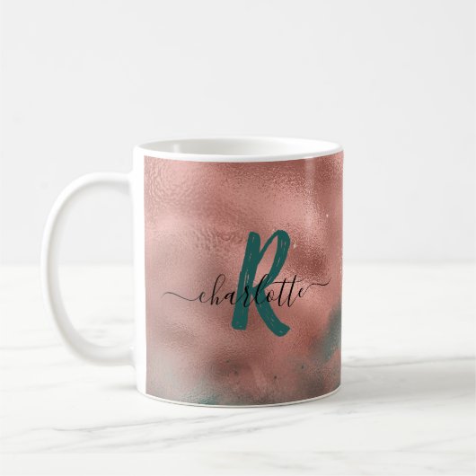 Monogramm Aquamarin und weich rot Ombre Foil Coffe Kaffeetasse (Links)