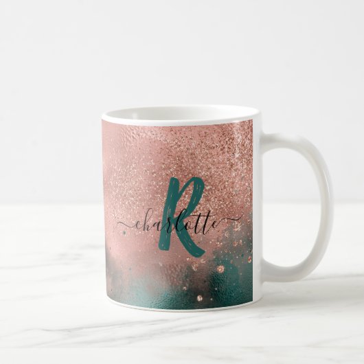 Monogramm Aquamarin und weich rot Ombre Foil Coffe Kaffeetasse (Rechts)