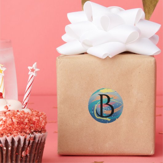 Monogramm aquamarine, orangefarbene, gelbe und kor runder aufkleber (Party)