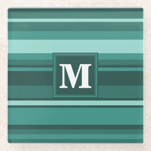 Monogramm aquamarine Streifen Glasuntersetzer (Vorderseite)