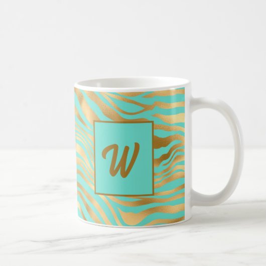 Monogramm-Aquamarine und Gold-Animal-Print Kaffeetasse (Rechts)