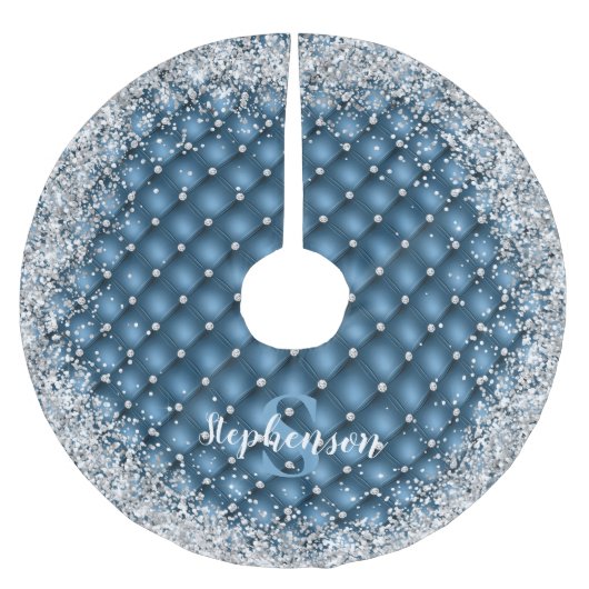 Monogramm Aquamariner Diamantsilber-Glitzer Polyester Weihnachtsbaumdecke (Vorderseite)