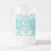 Monogramm, Aquamarines Damast-Muster 2 Mattglas Bierglas (Vorderseite Links)