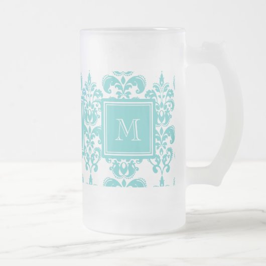 Monogramm, Aquamarines Damast-Muster 2 Mattglas Bierglas (Rechts)