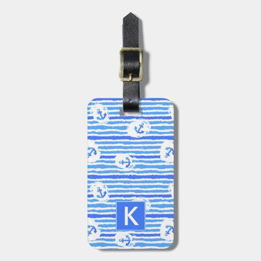 Monogramm-Aquarell-Anker-Muster 1 Gepäckanhänger (Vorderseite vertikal)