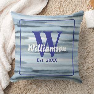Monogramm Aquarell blau graue Streifen nautisch Kissen