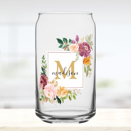 Monogramm Aquarell Farbige Rose Blume Blumenmuster Dosenglas