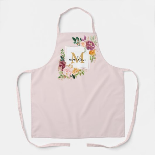 Monogramm Aquarell Farbige Rose Blume Blumenmuster Schürze (Vorderseite)
