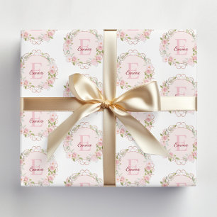Monogramm-Aquarell-Rosa-Rosenblüten-Blumen Geschenkpapier Set