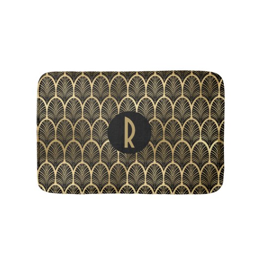 Monogramm Art Deco Schwarz-Gold-Muster Badematte (Vorderseite)